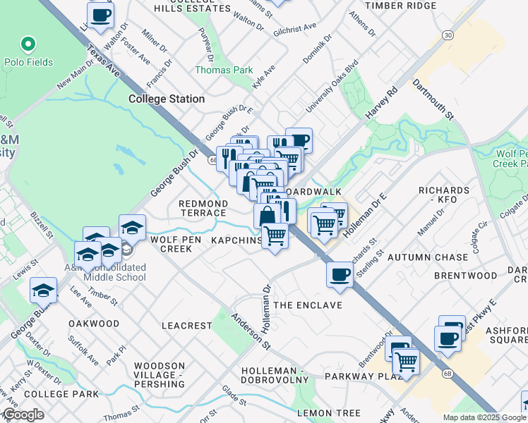 map of restaurants, bars, coffee shops, grocery stores, and more near 1600 Texas Avenue South in College Station