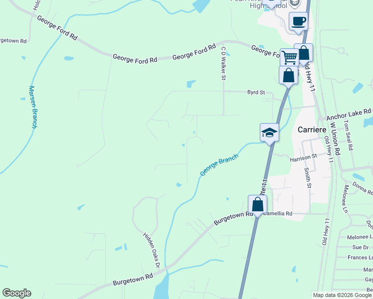map of restaurants, bars, coffee shops, grocery stores, and more near Whitehead Lane in Carriere