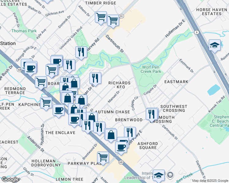 map of restaurants, bars, coffee shops, grocery stores, and more near 317 Manuel Drive in College Station