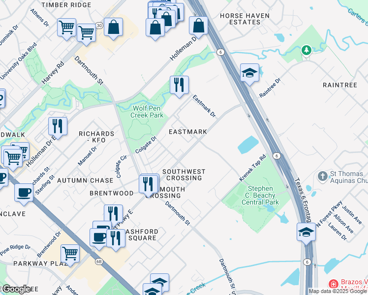 map of restaurants, bars, coffee shops, grocery stores, and more near 905 Azalea Court in College Station