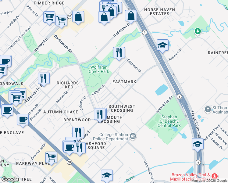 map of restaurants, bars, coffee shops, grocery stores, and more near 905 Azalea Court in College Station