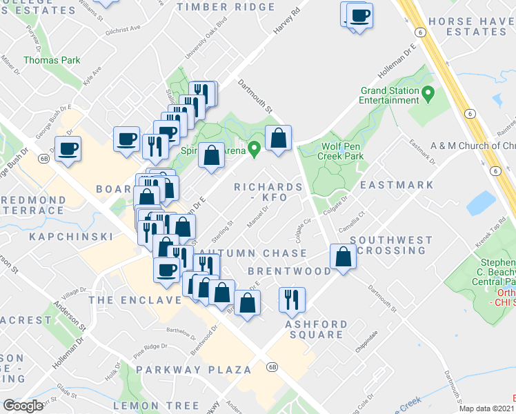map of restaurants, bars, coffee shops, grocery stores, and more near 319 Manuel Drive in College Station
