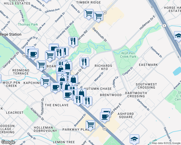 map of restaurants, bars, coffee shops, grocery stores, and more near 215 Sterling Street in College Station
