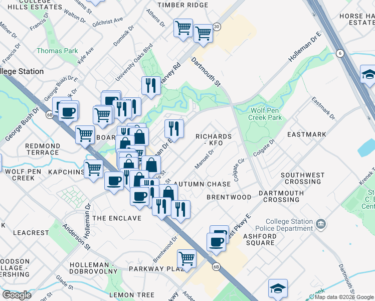 map of restaurants, bars, coffee shops, grocery stores, and more near 215 Sterling Street in College Station