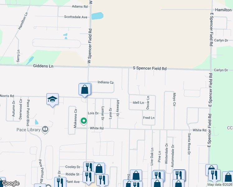 map of restaurants, bars, coffee shops, grocery stores, and more near 4285 Indiana Circle in Pace