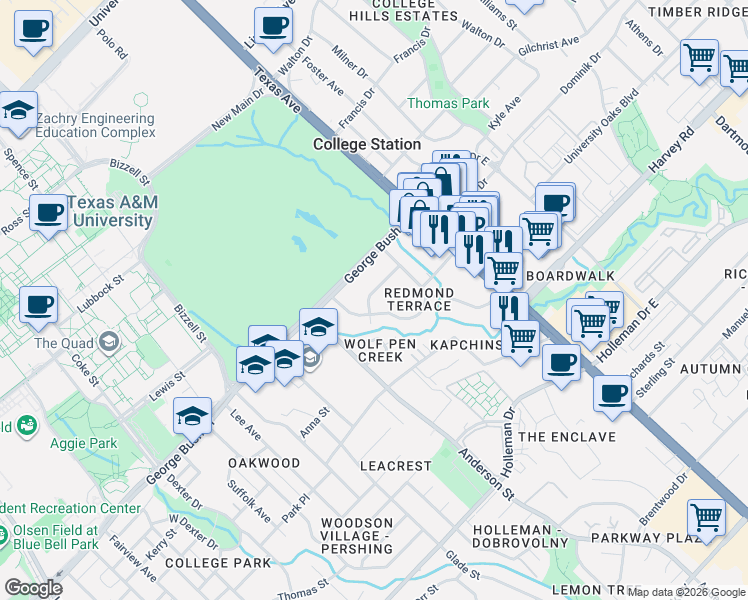 map of restaurants, bars, coffee shops, grocery stores, and more near 107 Redmond Drive in College Station