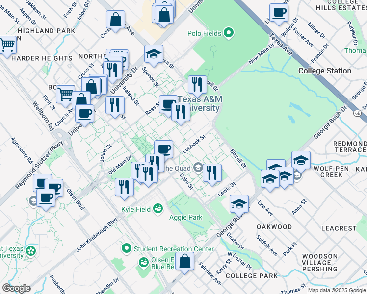 map of restaurants, bars, coffee shops, grocery stores, and more near 588 Lamar Street in College Station