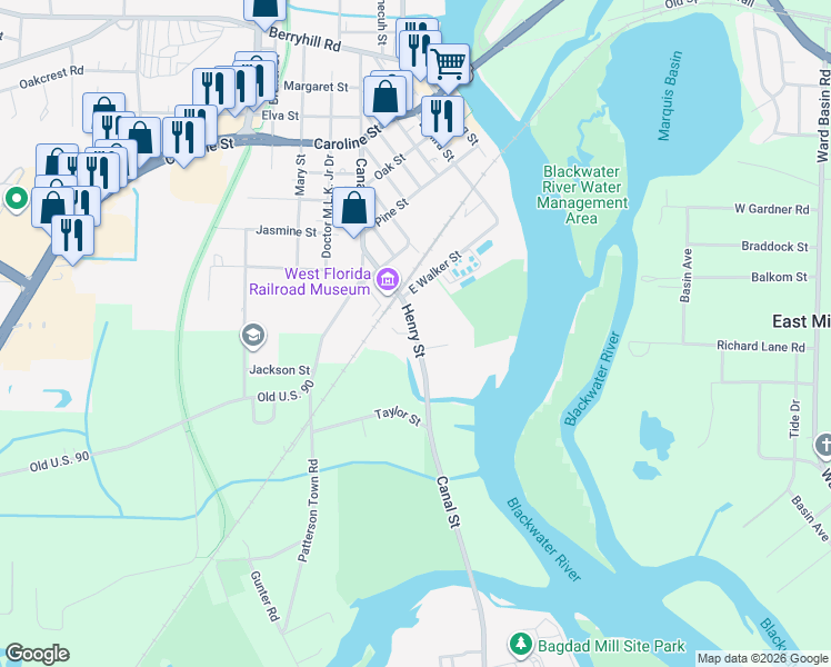 map of restaurants, bars, coffee shops, grocery stores, and more near 5042 Henry Street in Milton