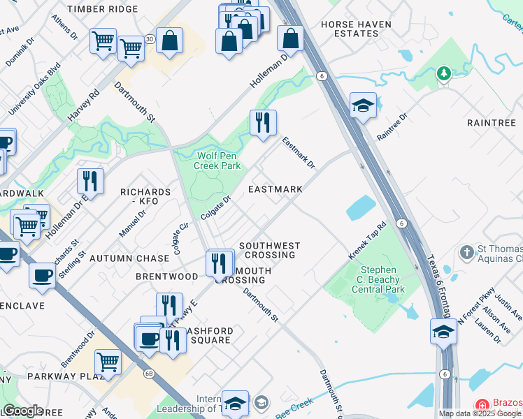 map of restaurants, bars, coffee shops, grocery stores, and more near 905 Azalea Court in College Station