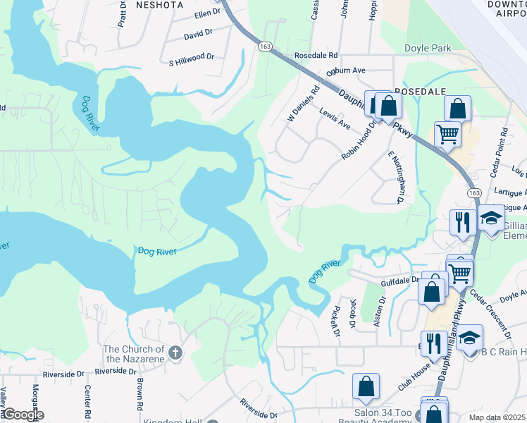 map of restaurants, bars, coffee shops, grocery stores, and more near 2657 Robin Hood Dr in Mobile