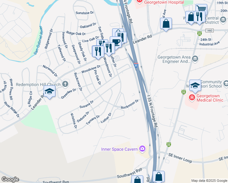 map of restaurants, bars, coffee shops, grocery stores, and more near 202 Tamara Drive in Georgetown