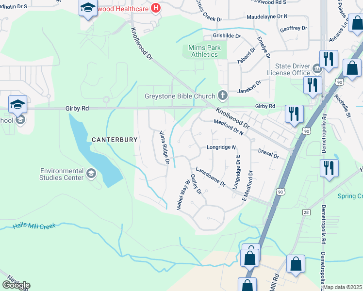 map of restaurants, bars, coffee shops, grocery stores, and more near 5516 Outley Drive in Mobile