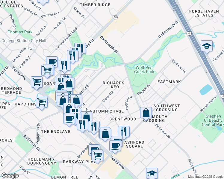 map of restaurants, bars, coffee shops, grocery stores, and more near 401 Manuel Drive in College Station