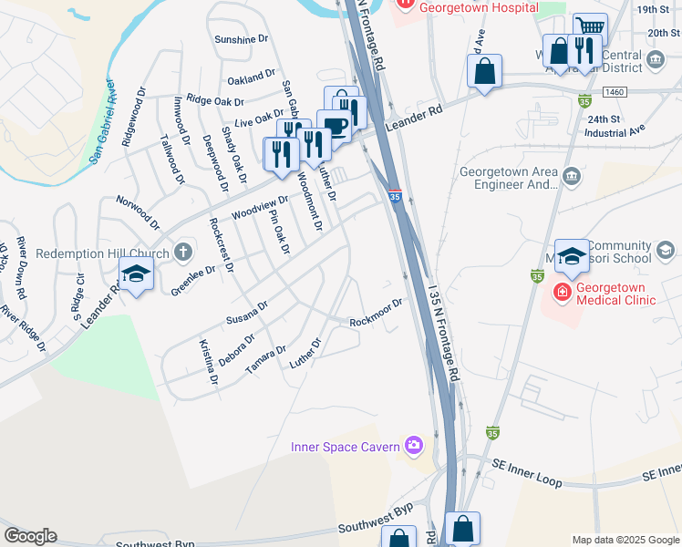 map of restaurants, bars, coffee shops, grocery stores, and more near 507 Luther Drive in Georgetown