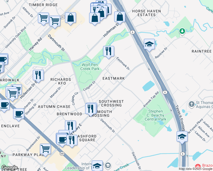 map of restaurants, bars, coffee shops, grocery stores, and more near 906 Camellia Court in College Station