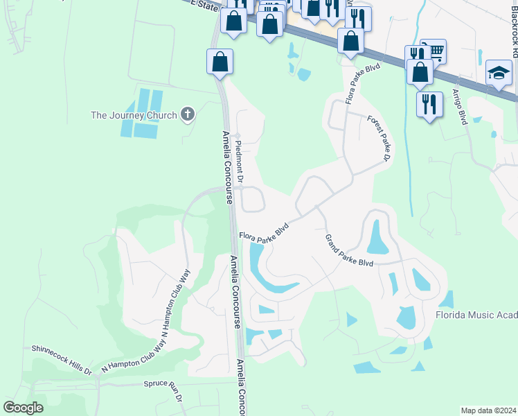 map of restaurants, bars, coffee shops, grocery stores, and more near 96202 Ridgewood Circle in Fernandina Beach