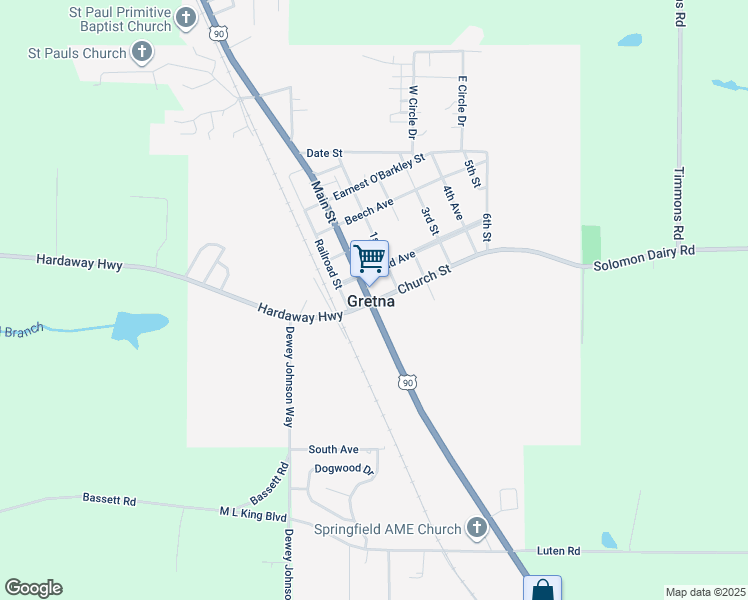 map of restaurants, bars, coffee shops, grocery stores, and more near 33 Church Street in Gretna