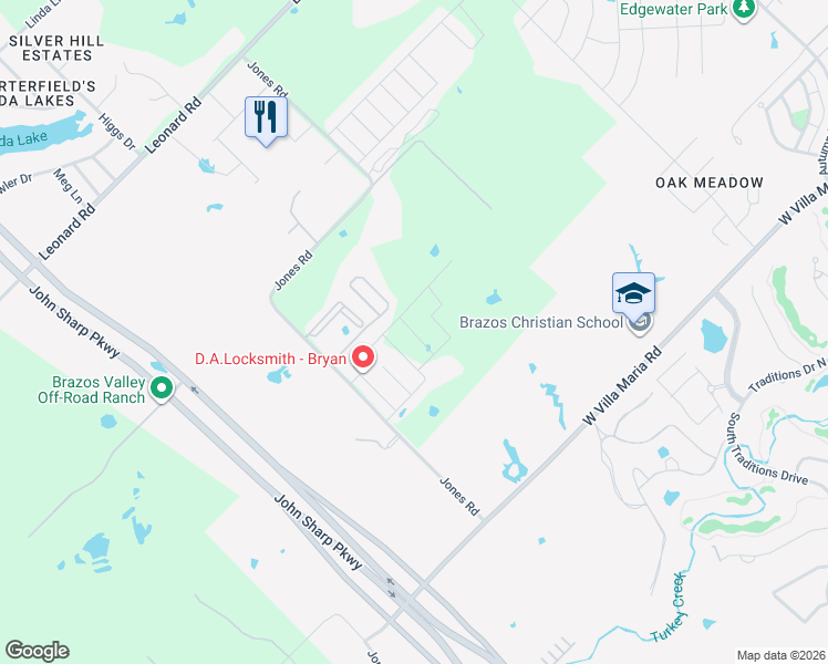 map of restaurants, bars, coffee shops, grocery stores, and more near 6123 Jones Road in Bryan