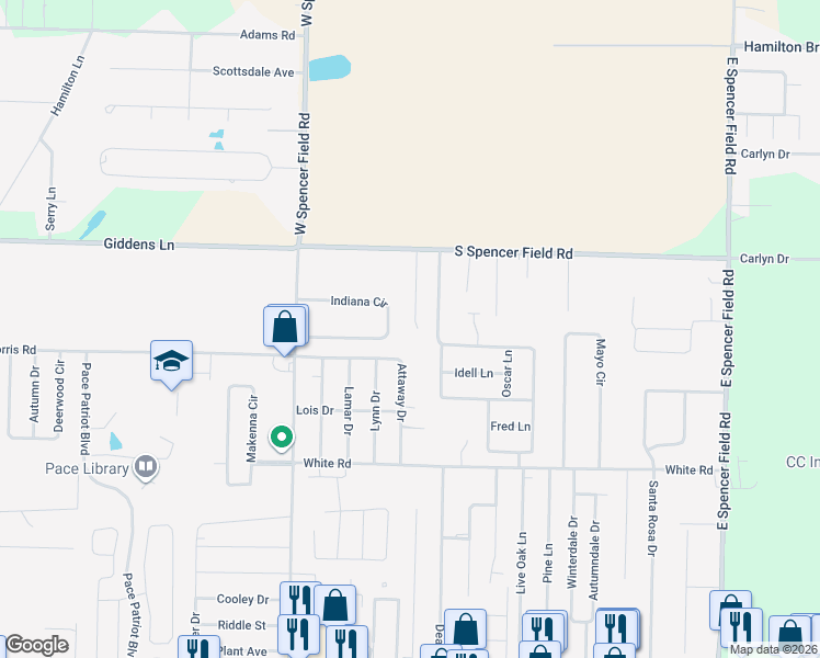 map of restaurants, bars, coffee shops, grocery stores, and more near 4285 Indiana Circle in Pace