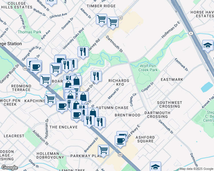 map of restaurants, bars, coffee shops, grocery stores, and more near 215 Sterling Street in College Station