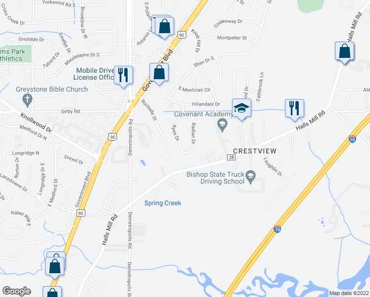 map of restaurants, bars, coffee shops, grocery stores, and more near 1551 Apex Drive in Mobile