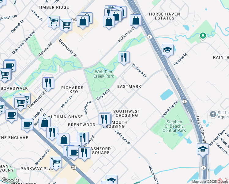 map of restaurants, bars, coffee shops, grocery stores, and more near 817 Camellia Court in College Station