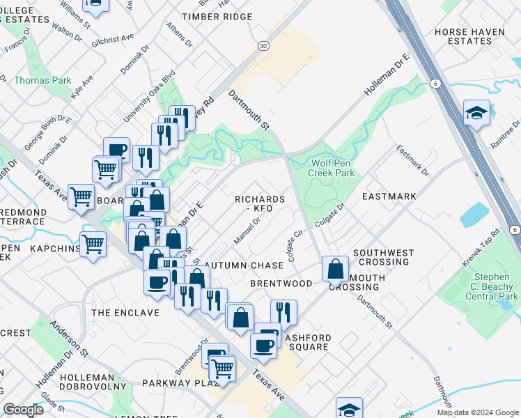 map of restaurants, bars, coffee shops, grocery stores, and more near 319 Manuel Drive in College Station