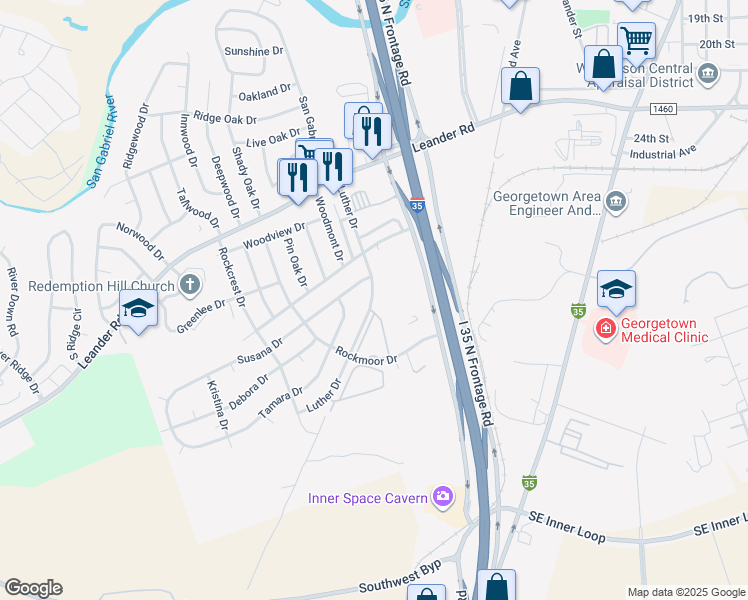 map of restaurants, bars, coffee shops, grocery stores, and more near 908 Rockmoor Drive in Georgetown