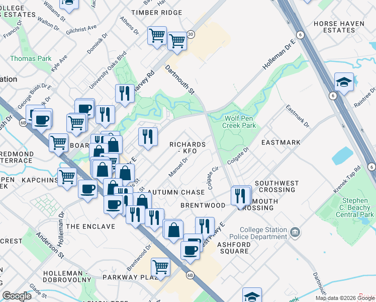 map of restaurants, bars, coffee shops, grocery stores, and more near 319 Manuel Drive in College Station