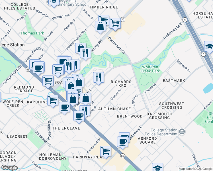 map of restaurants, bars, coffee shops, grocery stores, and more near 304 Holleman Drive East in College Station