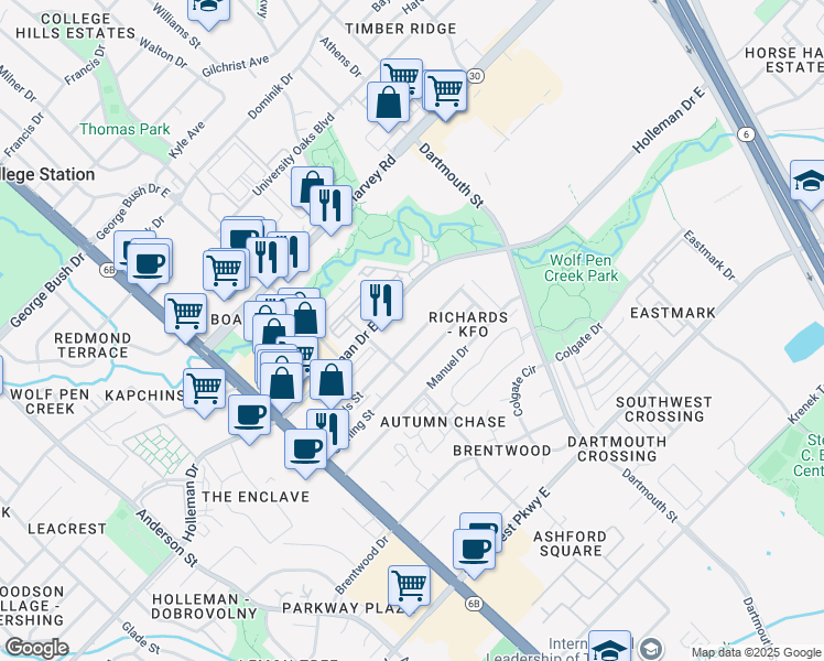 map of restaurants, bars, coffee shops, grocery stores, and more near 304 Holleman Drive East in College Station