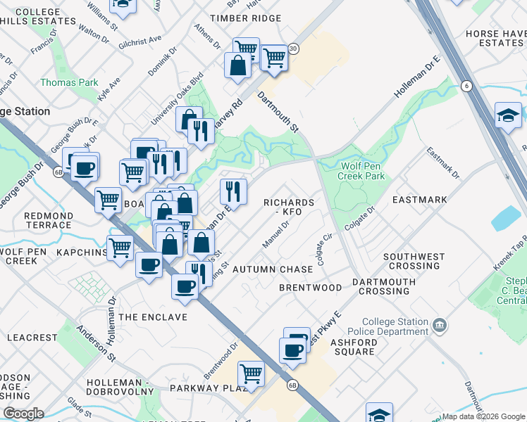 map of restaurants, bars, coffee shops, grocery stores, and more near 304 Holleman Drive East in College Station