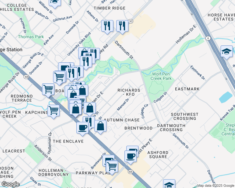 map of restaurants, bars, coffee shops, grocery stores, and more near 304 Holleman Drive East in College Station