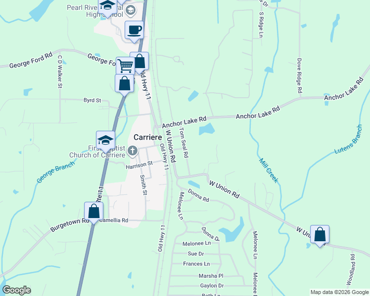 map of restaurants, bars, coffee shops, grocery stores, and more near 29 Tom Seal Road in Carriere