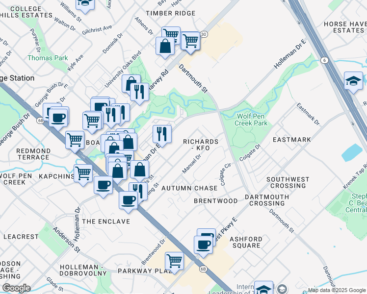 map of restaurants, bars, coffee shops, grocery stores, and more near 304 Holleman Drive East in College Station