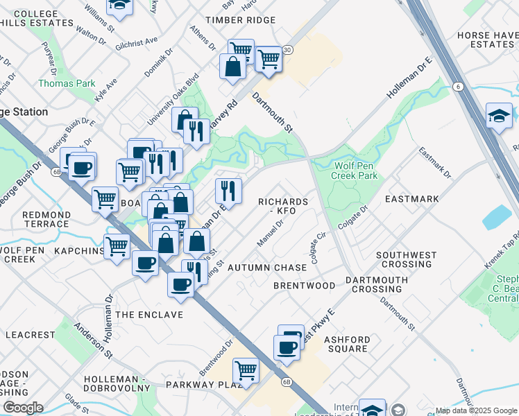 map of restaurants, bars, coffee shops, grocery stores, and more near 304 Holleman Drive East in College Station