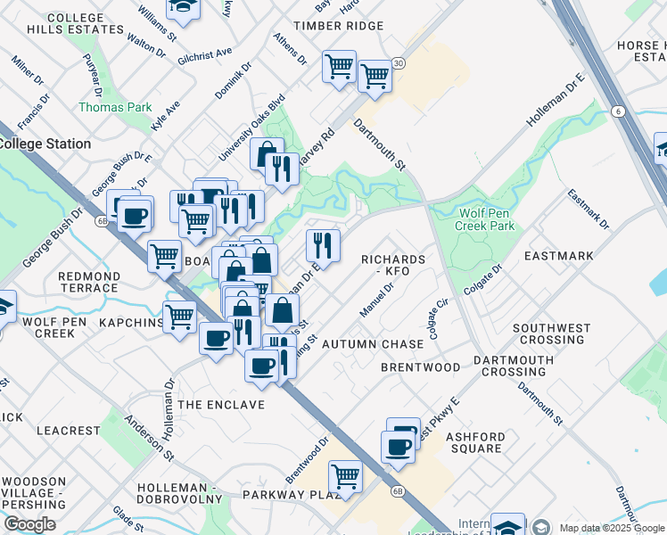 map of restaurants, bars, coffee shops, grocery stores, and more near in College Station
