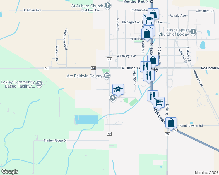 map of restaurants, bars, coffee shops, grocery stores, and more near County Road 49 in Loxley
