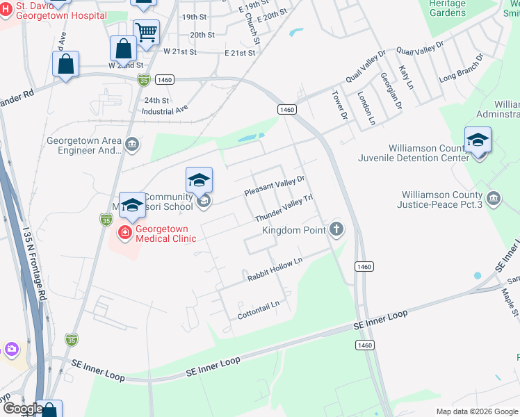 map of restaurants, bars, coffee shops, grocery stores, and more near 2608 Sunrise Valley Lane in Georgetown