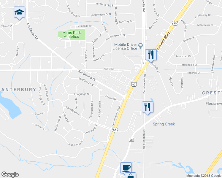 map of restaurants, bars, coffee shops, grocery stores, and more near 3717 Knollwood Drive in Mobile
