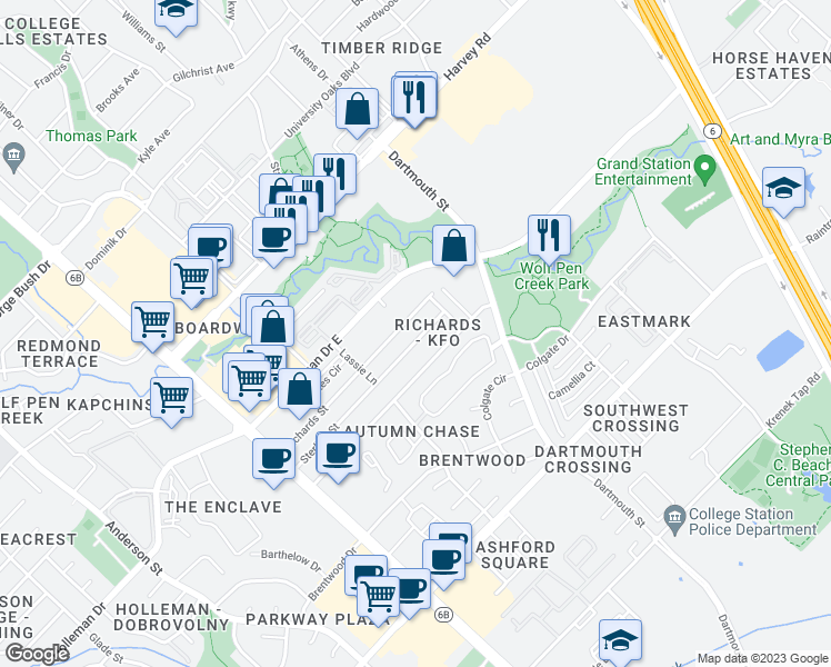 map of restaurants, bars, coffee shops, grocery stores, and more near 305 Sterling Street in College Station