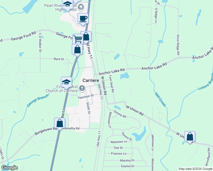 map of restaurants, bars, coffee shops, grocery stores, and more near 29-39 Tom Seal Road in Carriere