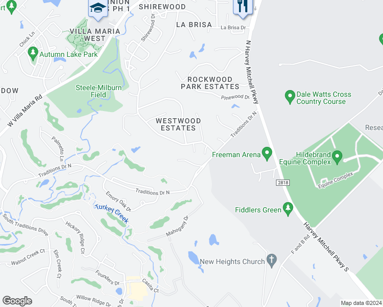 map of restaurants, bars, coffee shops, grocery stores, and more near 3034 Westwood Main Drive in Bryan