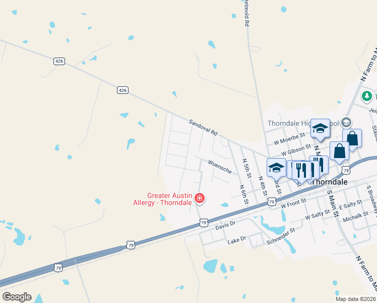 map of restaurants, bars, coffee shops, grocery stores, and more near 1013 Sydney Boulevard in Thorndale