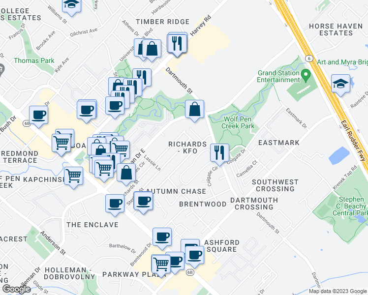 map of restaurants, bars, coffee shops, grocery stores, and more near 304A Sterling Street in College Station