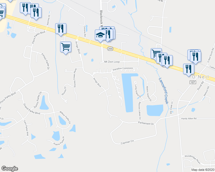 map of restaurants, bars, coffee shops, grocery stores, and more near 96060 Boardwalk Landing in Fernandina Beach