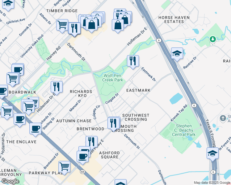 map of restaurants, bars, coffee shops, grocery stores, and more near 2000 Colgate Drive in College Station