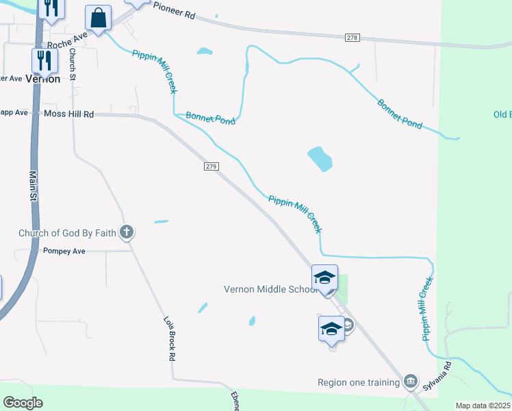 map of restaurants, bars, coffee shops, grocery stores, and more near 3232 Moss Hill Road in Vernon