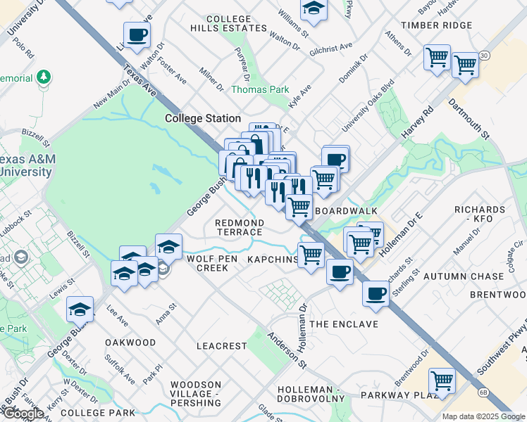 map of restaurants, bars, coffee shops, grocery stores, and more near 1460 Milliff Road in College Station