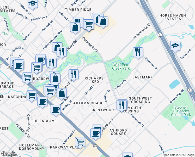 map of restaurants, bars, coffee shops, grocery stores, and more near 411 Manuel Drive in College Station
